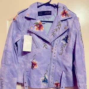 Purple Leather Jacket with Embroidered Flowers